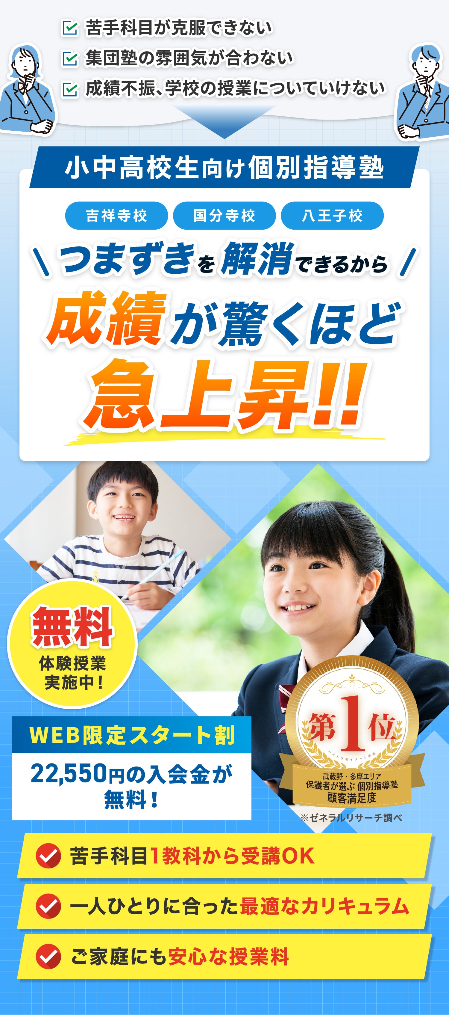 小中高生向け個別指導塾 吉祥寺校 国分寺校 八王子校 つまずきを解消できるから 成績が驚くほど急上昇！苦手科目 1教科から受講OK 一人ひとりに合った最適なカリキュラム ご家庭にも安心な授業料